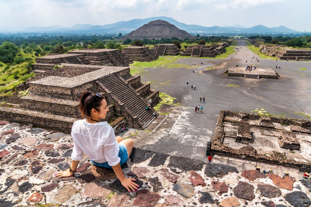 Tourism in Mexico City - young adult visits ancient Teotihuacan pyramids